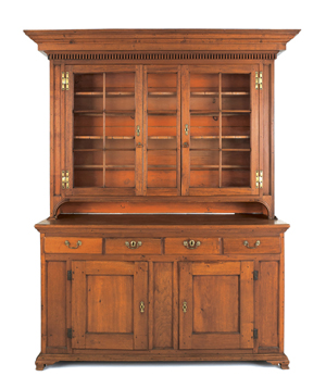 Lancaster, Pa., walnut wall cupboard, circa 1770, 87 1/2 inches high x 60 1/2 inches wide x 21 1/2 inches deep. Sold for $37,920. Image courtesy of Pook & Pook Inc.